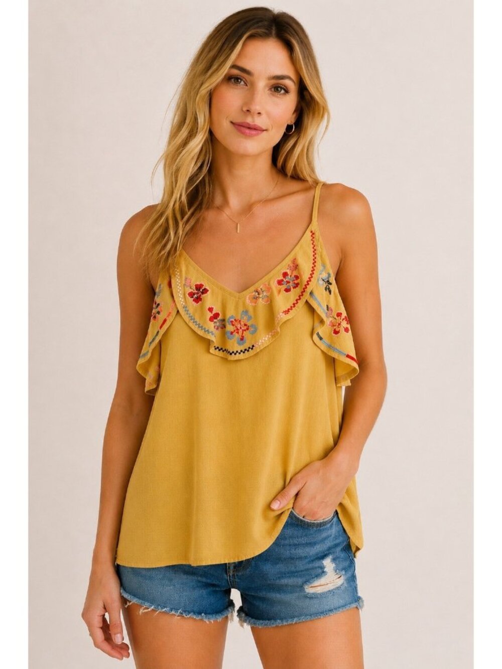 THML Yellow Floral Embroidered Ruffle V-Neck Linen Blend Tank Top Size Medium